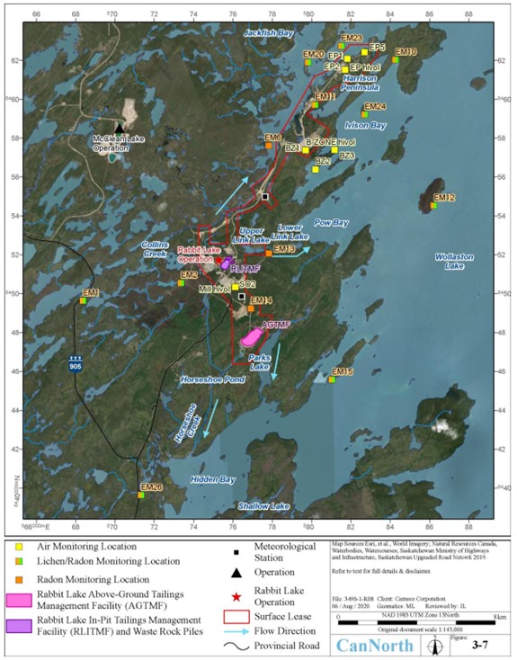 Aerial overview of sampling locations for air quality, radon, and lichen monitoring at the Rabbit Lake Operation.