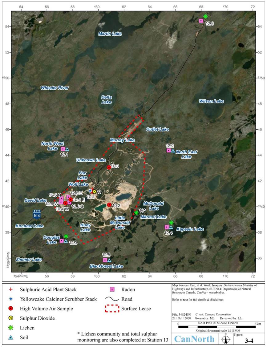 Aerial overview of sampling locations for air quality, radon, and lichen monitoring at the Key Lake Operation. 