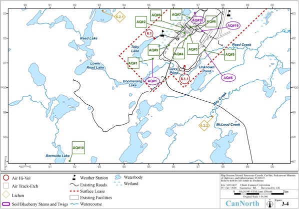 Vue aérienne des stations d’échantillonnage pour la surveillance de la qualité de l’air, du radon et du lichen à l’établissement de McArthur River