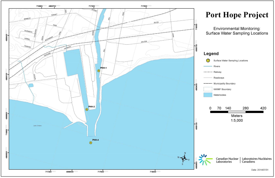 Vue d’ensemble des lieux d’échantillonnage des eaux de surface pour la phase de construction et de développement du Projet de Port Hope.