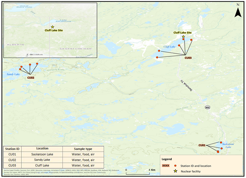 Carte géographique des sites d’échantillonnage du PISE de 2017 aux alentours de Cluff Lake.