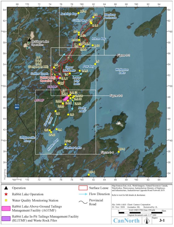 Aerial overview of monitoring locations for surface water quality at the Rabbit Lake Operation.