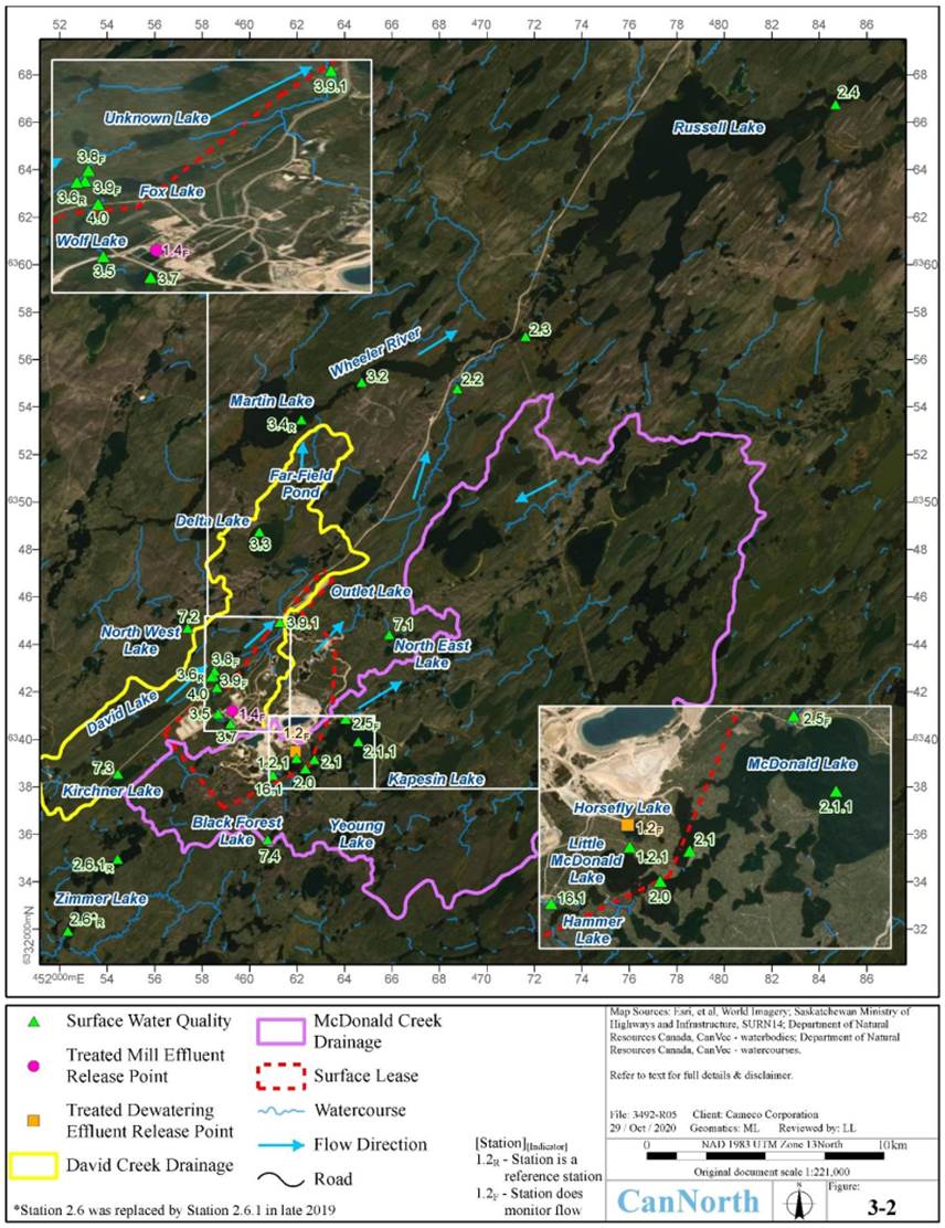 Vue aérienne des stations de surveillance de la qualité des eaux de surface à l’établissement de Key Lake