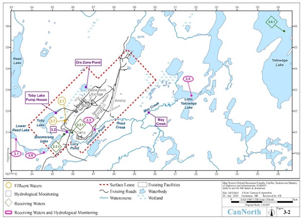 Vue aérienne des stations de surveillance de la qualité des eaux de surface à l’établissement de McArthur River