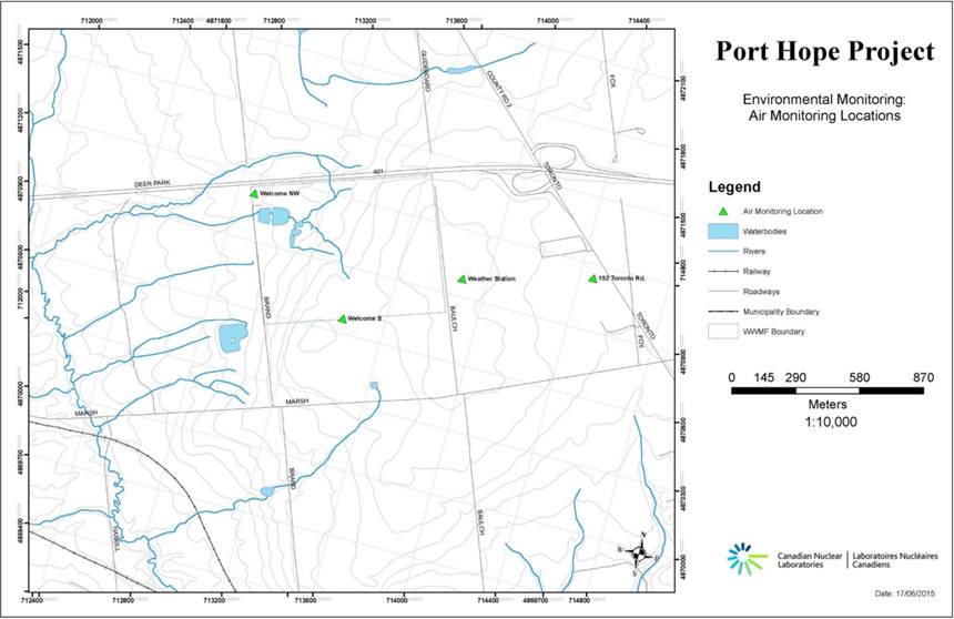Vue d’ensemble des lieux de surveillance de la qualité de l’air pour la phase de construction et de développement du Projet de Port Hope.
