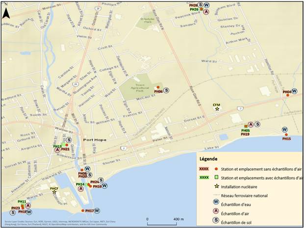 Carte des lieux d’échantillonnage pour la campagne d’échantillonnage 2020 du Programme indépendant de surveillance environnementale près de Cameco Fuel Manufacturing.
