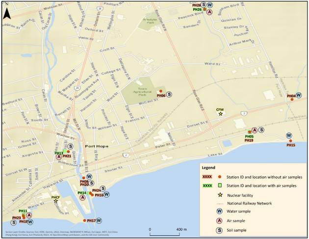 Map of the sample locations for the 2020 Independent Environmental Monitoring Program sampling campaign near Cameco Fuel Manufacturing.