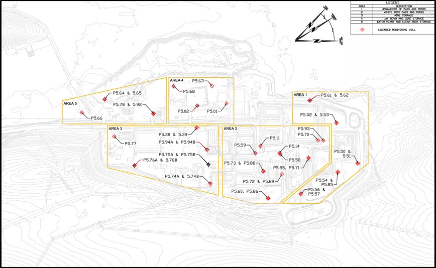 Licensed groundwater monitoring well areas 1 through 5 at the McArthur River Operation.