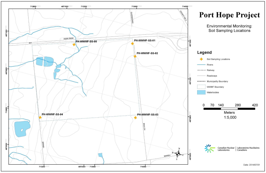 Vue d’ensemble des lieux d’échantillonnage du sol pour la phase de construction et de d&eacuteveloppement du Projet de Port Hope.