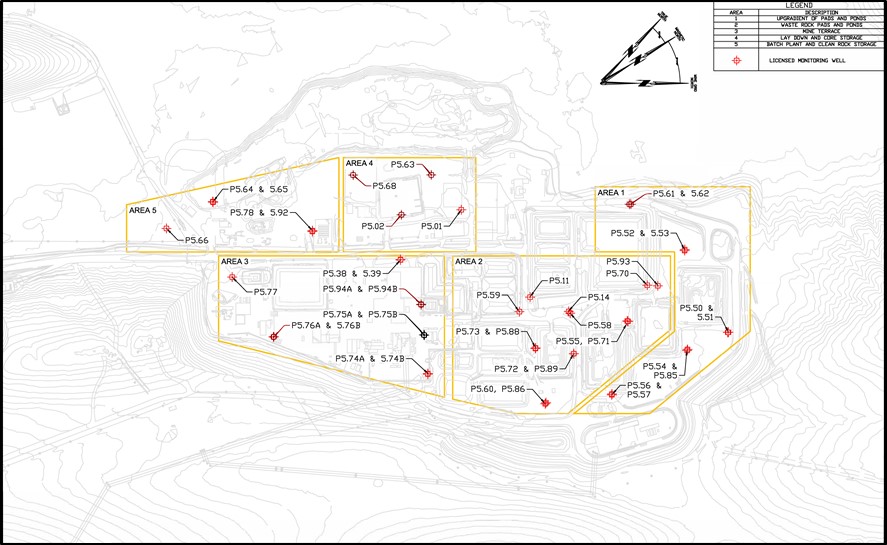 Puits de surveillance des eaux souterraines autorisés dans les zones 1 à 5 de l’établissement de McArthur River