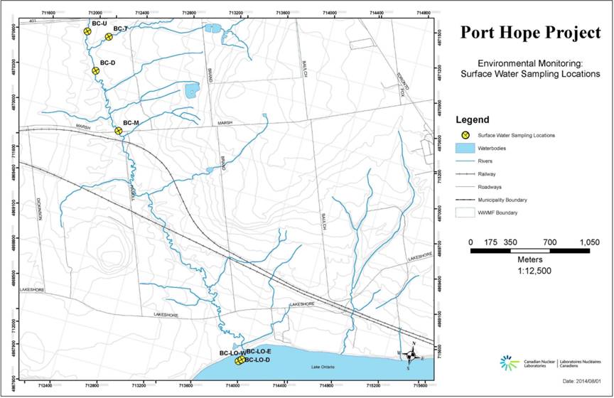 Overview of surface water sampling locations for the Construction and Development Phase of the Port Hope Project.