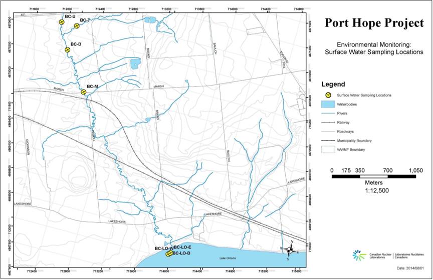 Vue d’ensemble des lieux d’échantillonnage des eaux de surface pour la phase de construction et de développement du Projet de Port Hope.