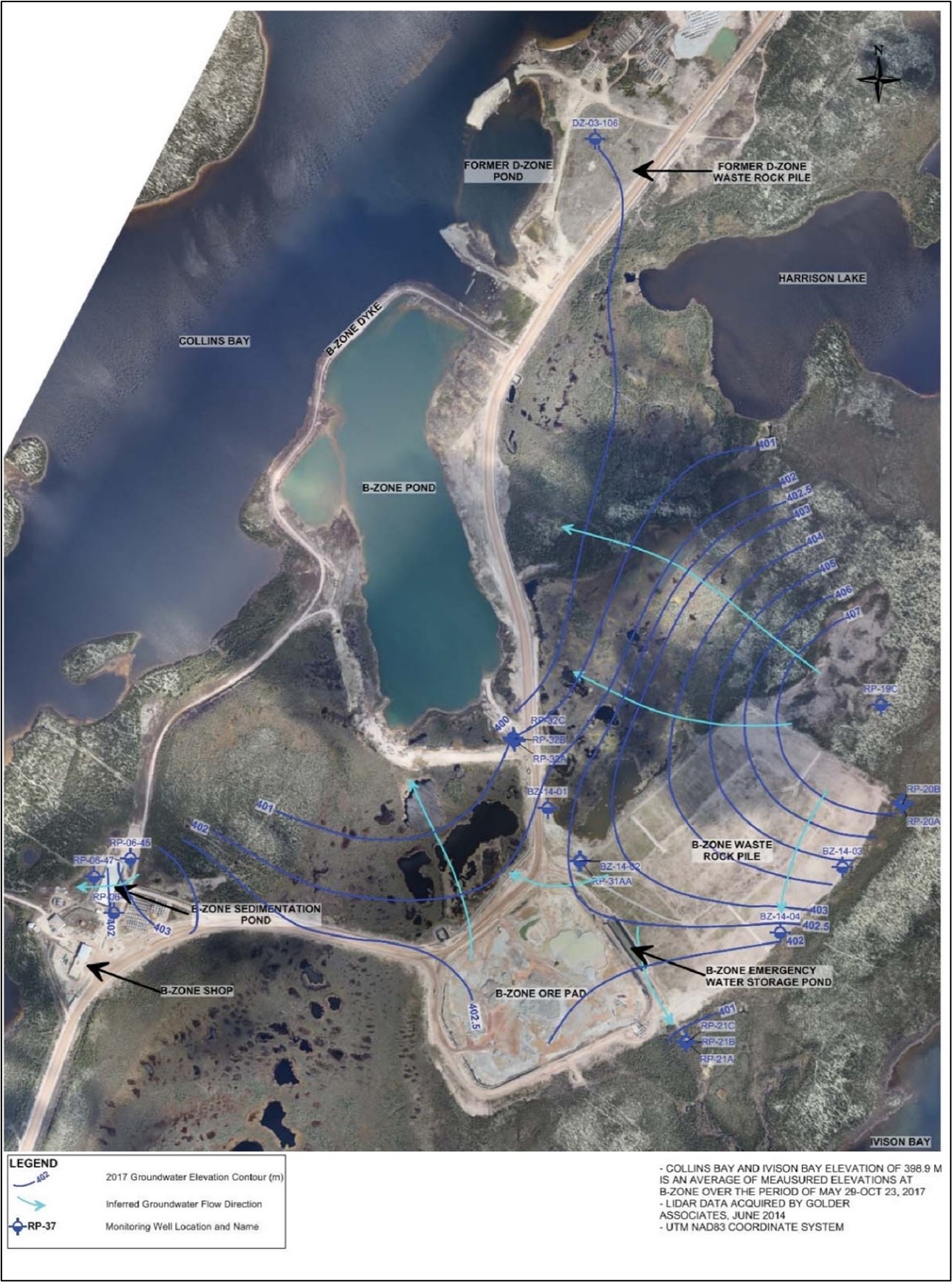 Groundwater elevation contours and inferred flow in the D-Zone and B-Zone areas of the Rabbit Lake Operation.