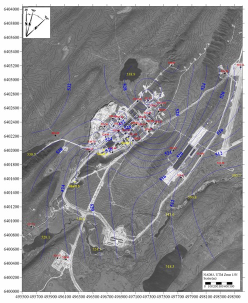 Groundwater elevation contours and inferred flow of the shallow sandstone area of the McArthur River Operation.