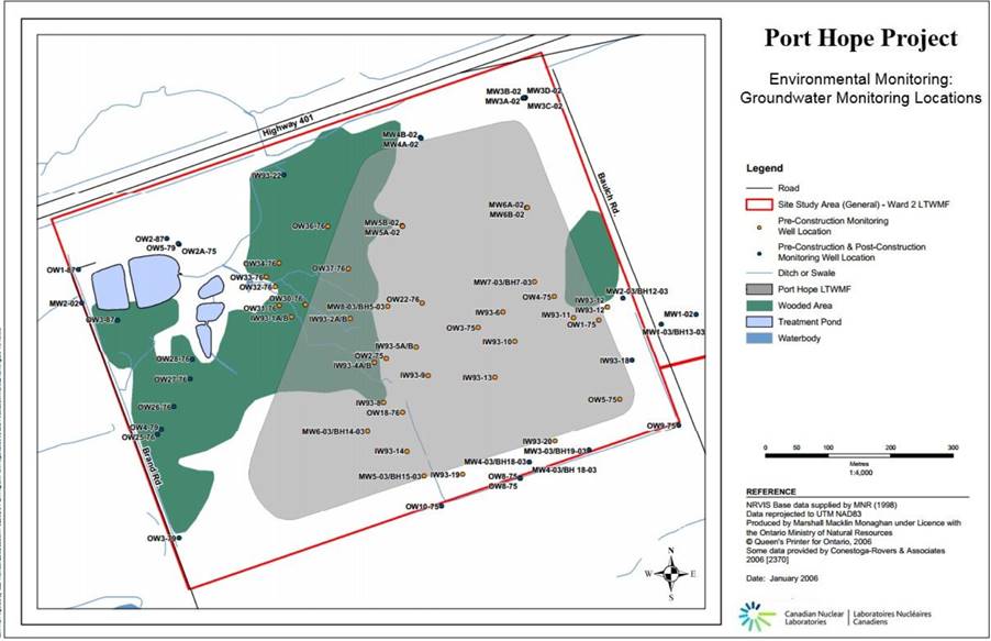 Overview of groundwater monitoring locations for the Port Hope Long-Term Waste Management Facility.