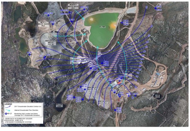 Courbe d’élévation des eaux souterraines et écoulement inféré dans la zone de l’usine de concentration et de l’installation de gestion des résidus en fosse Rabbit Lake de l’établissement de Rabbit Lake