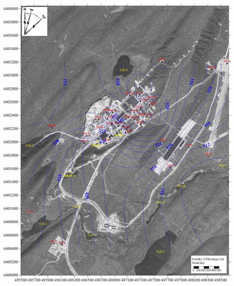 Courbe d’élévation des eaux souterraines et écoulement inféré dans la zone de grès peu profonde de l’établissement de McArthur River