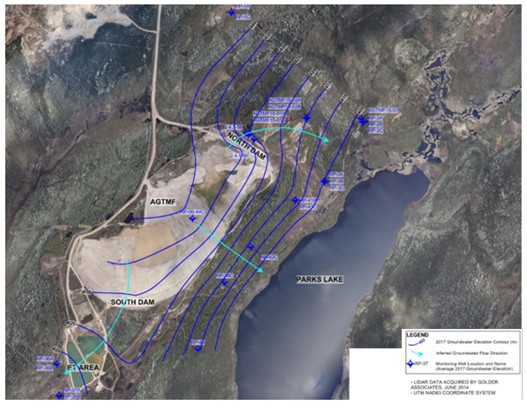 Groundwater elevation contours and inferred flow in the above-ground tailings management facility of the Rabbit Lake Operation.