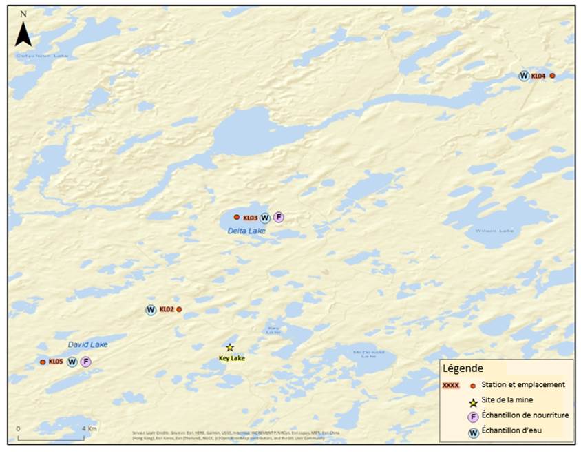 Vue d’ensemble des lieux d’échantillonnage pour la campagne d’échantillonnage du PISE de 2021 à l’établissement de Key Lake