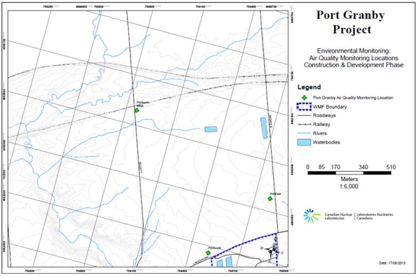 Vue d’ensemble des lieux de surveillance de la qualité de l’air pour la phase de construction et de développement du Projet de Port Granby.