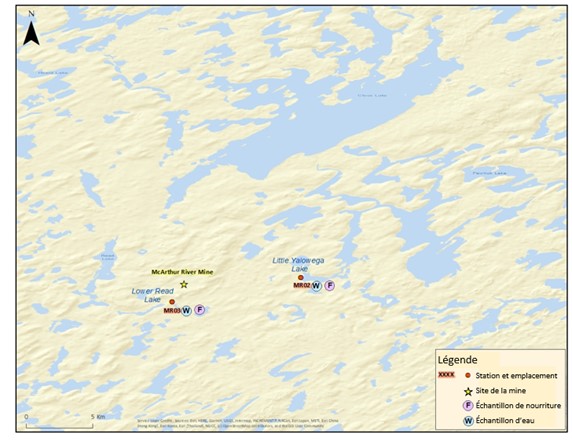 Vue d’ensemble des lieux d’échantillonnage pour la campagne d’échantillonnage du PISE de 2021 à l’établissement de McArthur River