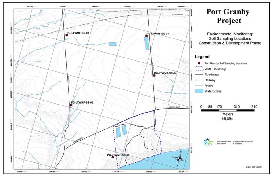 Vue d’ensemble des lieux d’échantillonnage du sol pour la phase de construction et de développement du Projet de Port Granby.