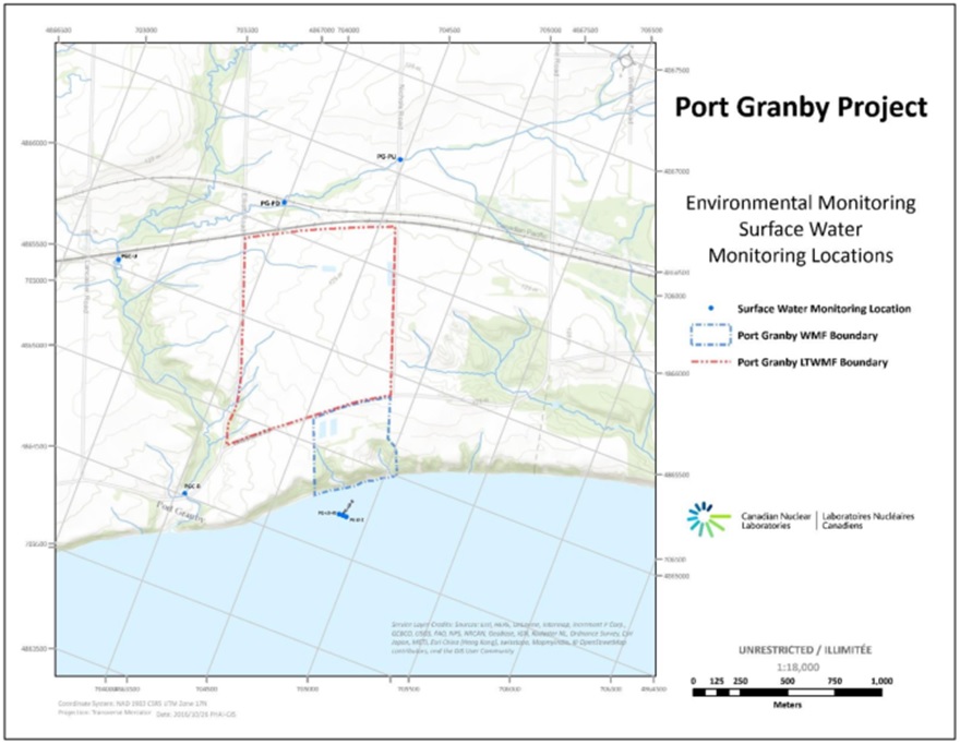 Overview of surface water monitoring locations for the Construction and Development Phase of the Port Granby Project.