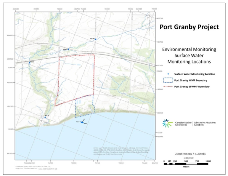 Vue d’ensemble des lieux d’échantillonnage des eaux de surface pour la phase de construction et de développement du Projet de Port Granby.