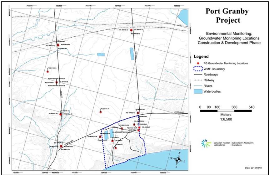 Vue d’ensemble des lieux de surveillance des eaux souterraines pour l’installation de gestion à long terme des déchets de Port Granby.