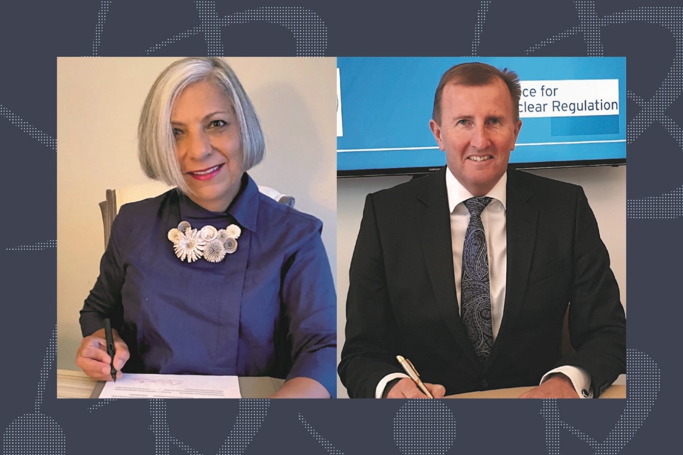 CNSC President Rumina Velshi and the United Kingdom’s Office for Nuclear Regulation’s Chief Nuclear Inspector Mark Foy sign 2 collaborative agreements
