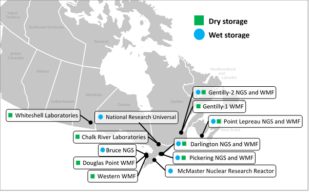 Map of Canada pinpointing the locations of facilities that manage spent fuel