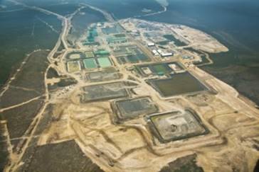 Aerial image of McArthur River operation with waste rock pads 1-4 in the middle foreground