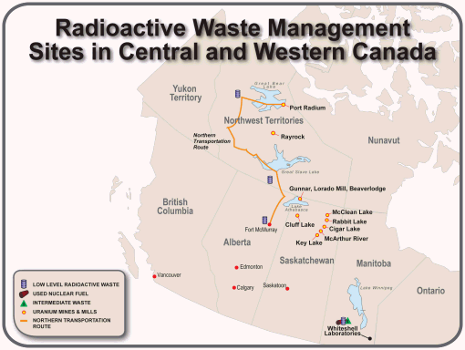 Map of Radioactive Waste Management Sites in Central and Western Canada