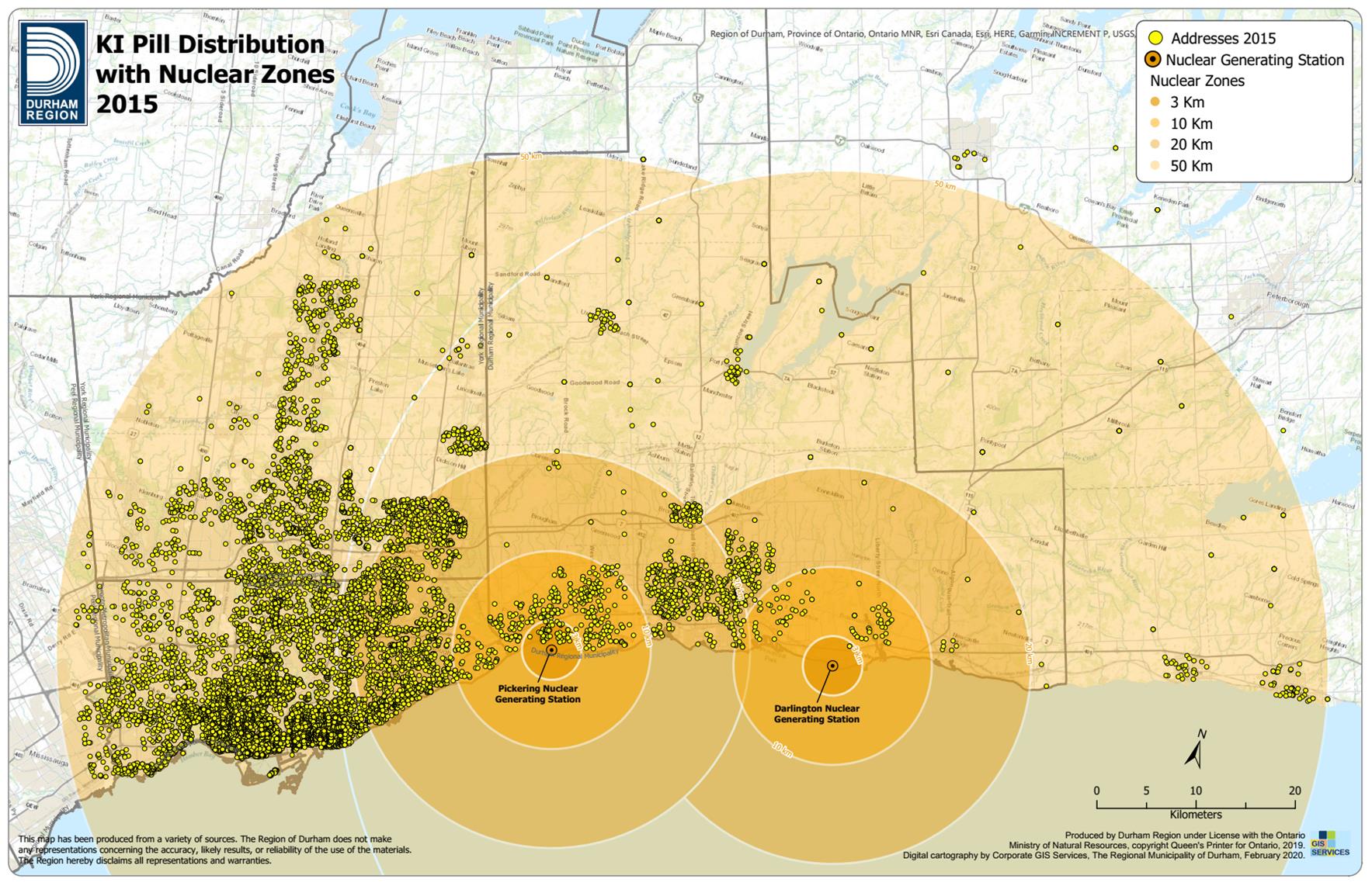 This graph shows the geographic distribution of KI orders distributed in 2015. These orders reach as far as 50km from the Pickering or Darlington Nuclear Power Plants.