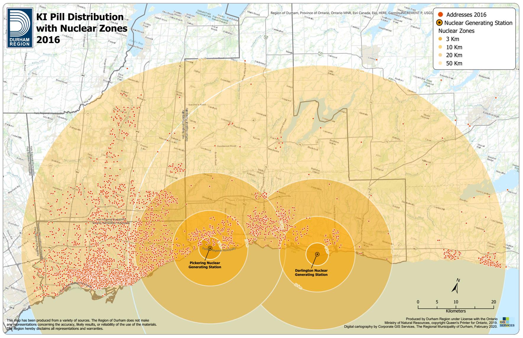 This graph shows the geographic distribution of KI orders distributed in 2016. These orders reach as far as 50km from the Pickering or Darlington Nuclear Power Plants.