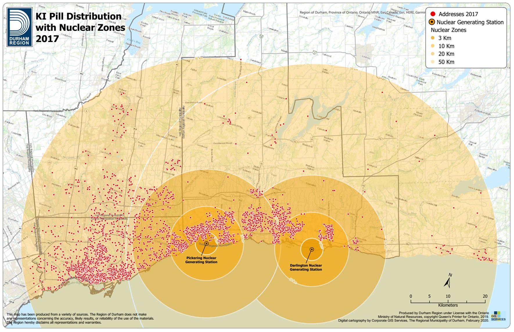 This graph shows the geographic distribution of KI orders distributed in 2017. These orders reach as far as 50km from the Pickering or Darlington Nuclear Power Plants.