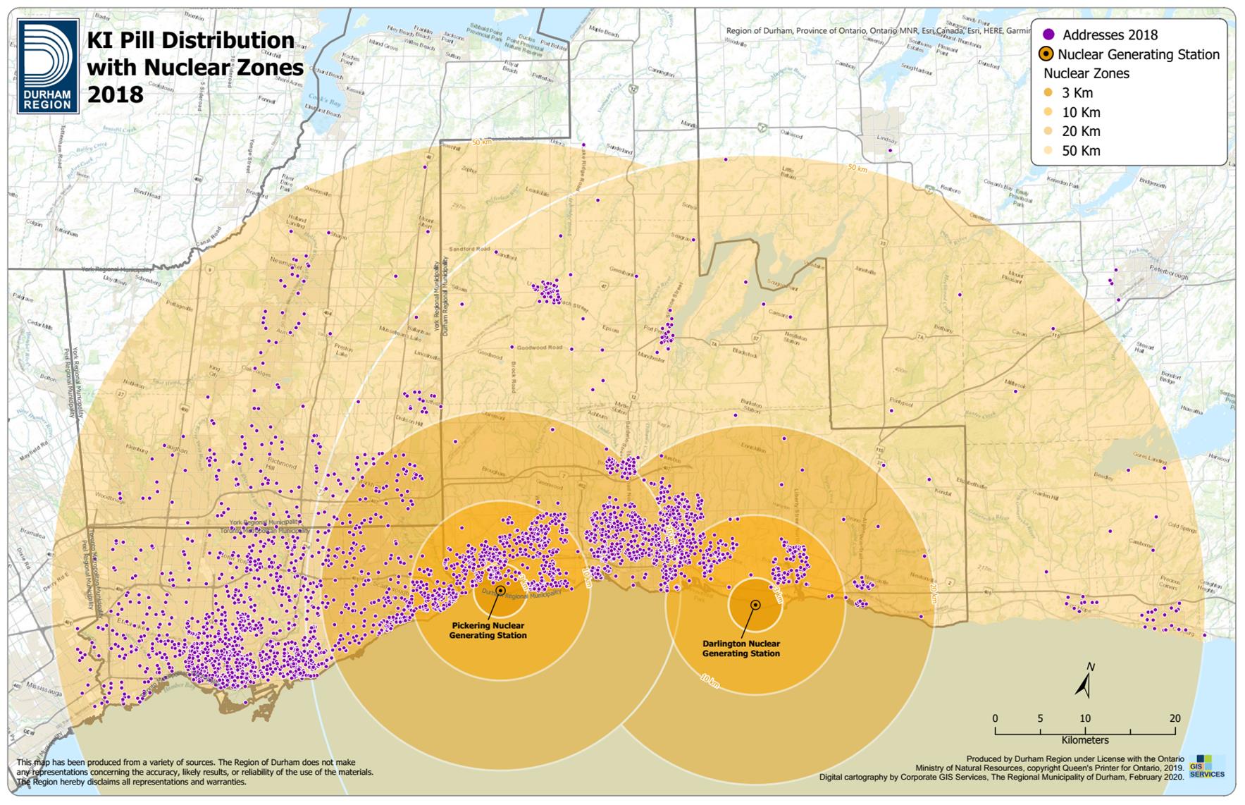 This graph shows the geographic distribution of KI orders distributed in 2018. These orders reach as far as 50km from the Pickering or Darlington Nuclear Power Plants.