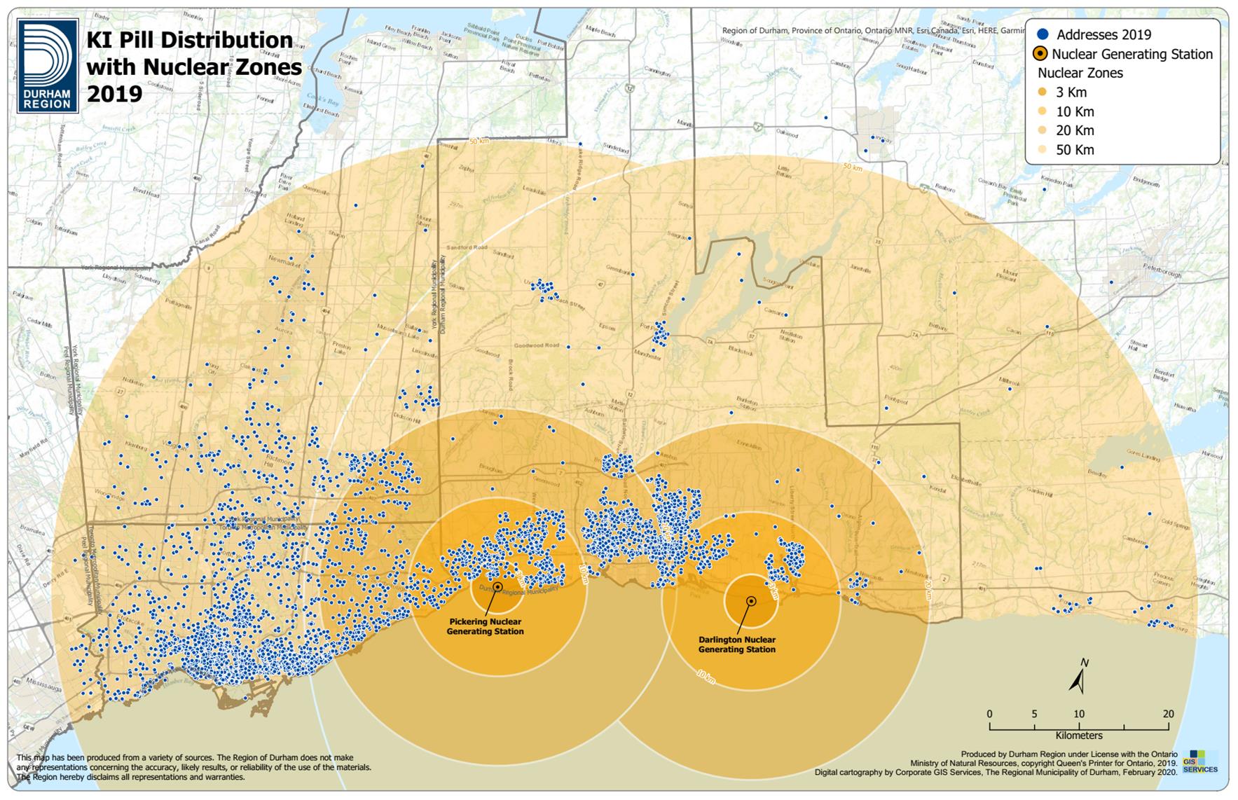 This graph shows the geographic distribution of KI orders distributed in 2019. These orders reach as far as 50km from the Pickering or Darlington Nuclear Power Plants.