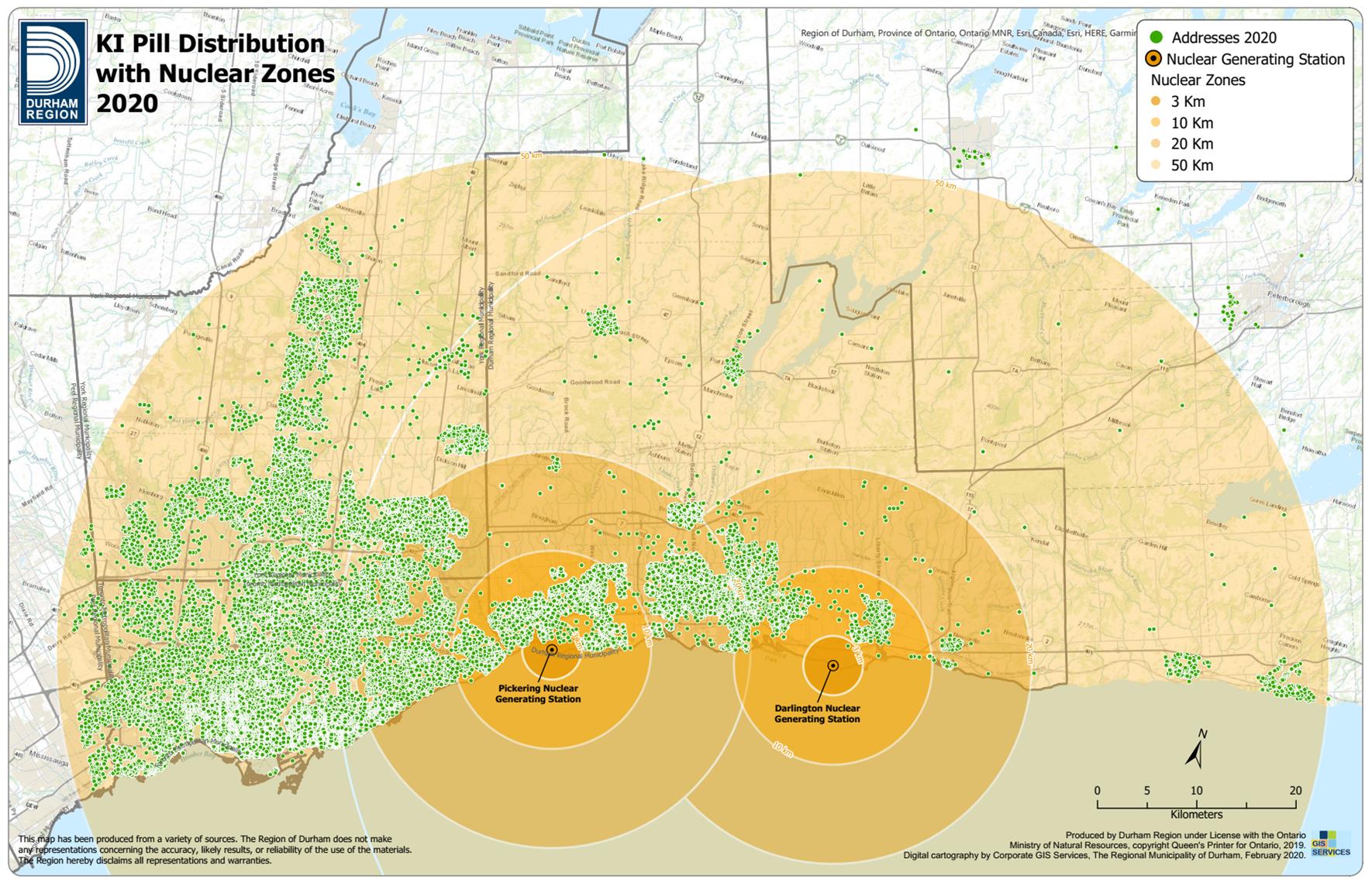 This graph shows the geographic distribution of KI orders distributed in January and February of 2020. These orders reach as far as 50km from the Pickering or Darlington Nuclear Power Plants.