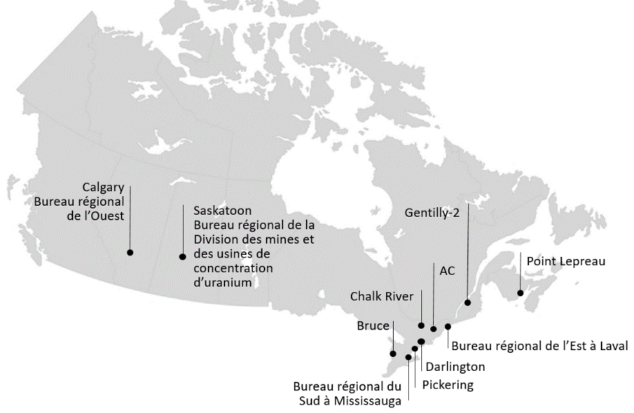 Où nous travaillons : Calgary (Bureau régional de l’Ouest), Saskatoon (Bureau régional de la Division des mines et des usines de concentration d’uranium), Bureau régional du Sud à Mississauga, Bruce, Pickering, Darlington, Chalk River, Ottawa (l’administration centrale), Bureau régional de l’Est, Gentilly-2, Point Lepreau