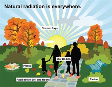 Natural forms of radiation are found in cosmic rays, radioactive soil and rocks, radon, the human body and common foods.
