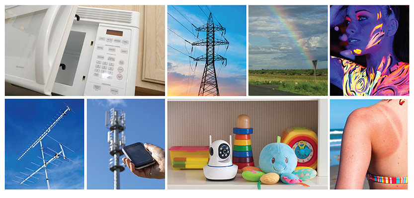 This image show examples of non-ionizing radiation including microwaves, baby monitors, transmission lines, UVB rays, glow in the dark paint, and cell phones.