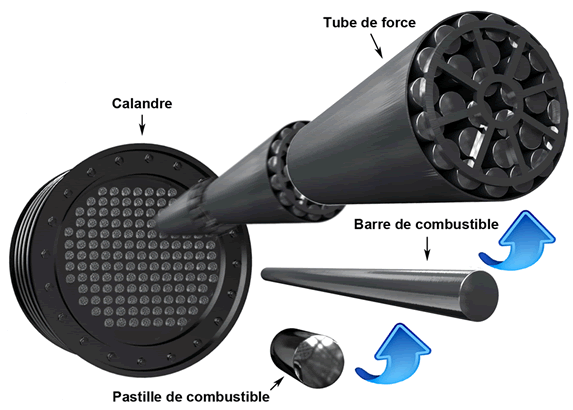 Cette image illustre les différentes couches de confinement, y compris les pastilles de combustible, barre de combustible et tube de force.