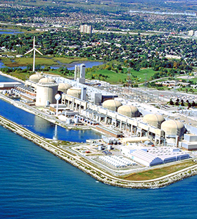 Aerial photograph showing the Pickering nuclear power plant.