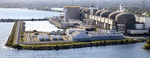 An aerial view of a nuclear power plant located on a lakeshore. The facility features multiple dome-shaped buildings. In the distance, expansive green fields transition into other buildings.