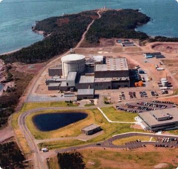 Aerial photograph showing the Point Lepreau nuclear power plant.