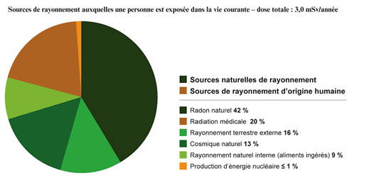 Un diagramme circulaire indique les sources d'exposition aux rayonnements pour un Canadien adulte moyen, qui comprend les sources naturelles et artificielles de rayonnement