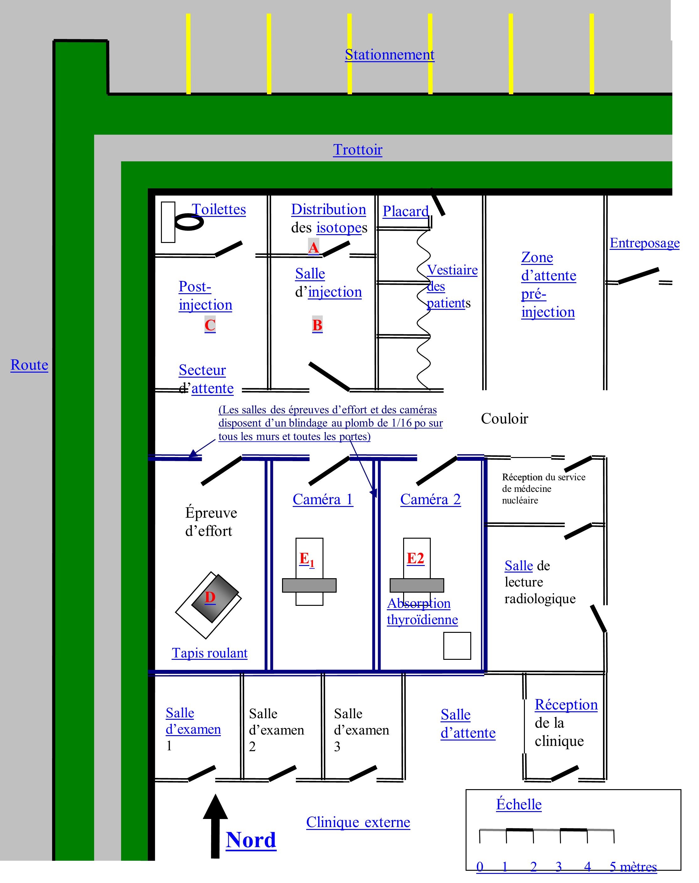 Cette page présente un aménagement hypothétique d'un service de médecine nucléaire comprenant une salle d'attente, des toilettes, une salle d'injection, une salle de distribution d'isotopes, des vestiaires pour les patients, une salle d'attente avant injection, un entrepôt, une salle d'épreuve d'effort, deux salles de caméra et une réception de médecine nucléaire.  Ces pièces sont étiquetées de A à E afin d'identifier l'emplacement de la source utilisée dans l'exemple de calcul du débit de dose. D'autres pièces à l'extérieur du service sont également incluses, ainsi que le couloir et la route/le trottoir sur le périmètre extérieur du bâtiment.