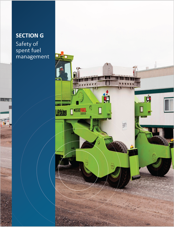 Cover image of an employee transferring an empty Ontario Power Generation Dry Storage Container for 'Section G Safety of spent fuel management'