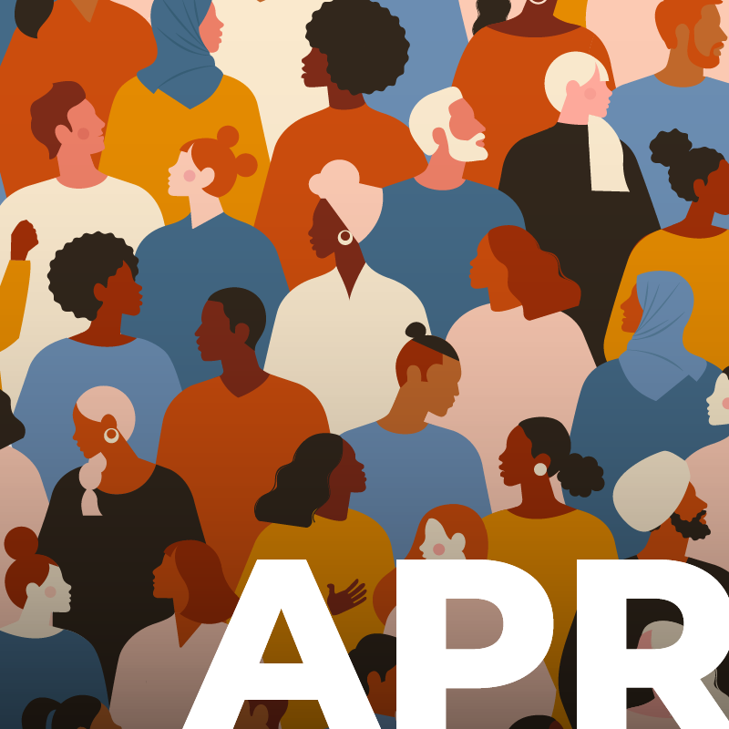 The word April appears before a diverse group of people 